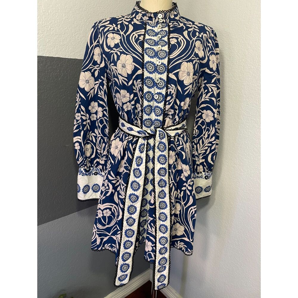 Beyond by Vera Nella Blue Ivory Floral Cotton Mini Dress S Resort Coastal Artsy - Picture 5 of 14